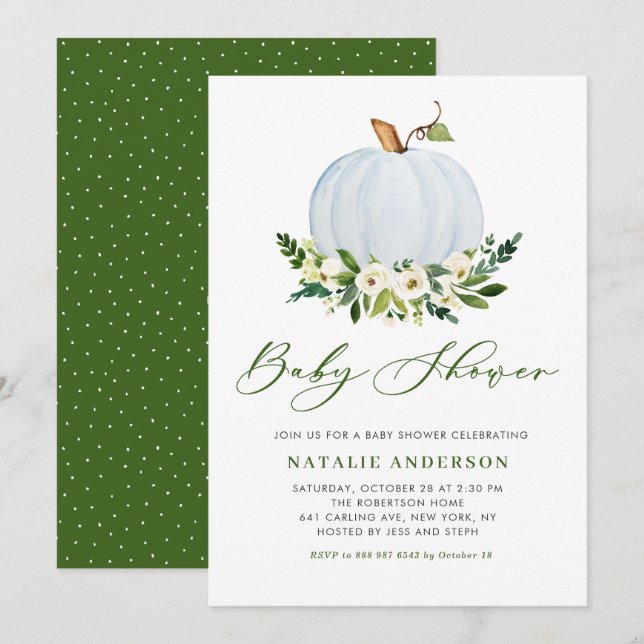 Invitation Baby shower d'automne Citrouille bleu aquarelle (Devant / Derrière)
