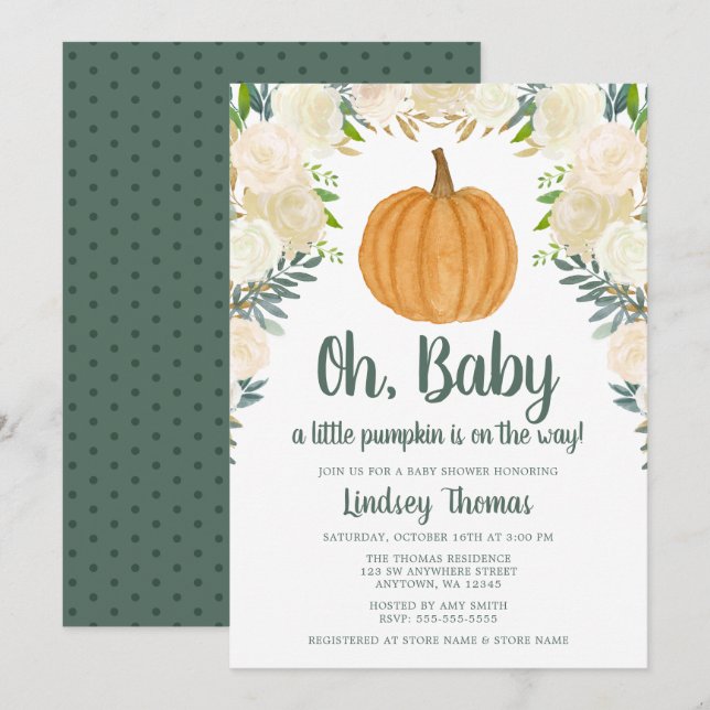 Invitation Baby shower d'automne Citrouille fleuri vert (Devant / Derrière)