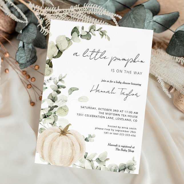 Invitation Baby shower d'automne de Citrouille blanc Eucalypt (Créateur téléchargé)
