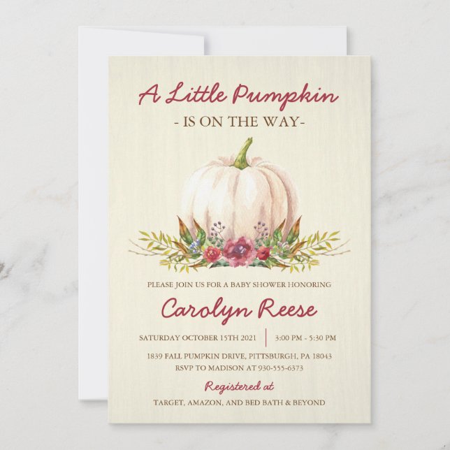 Invitation Baby shower d'automne du petit Citrouille (Devant)