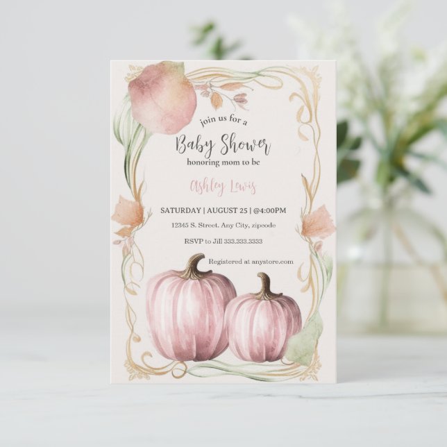 Invitation Baby shower d'automne invitation, citrouille fanta (Debout devant)