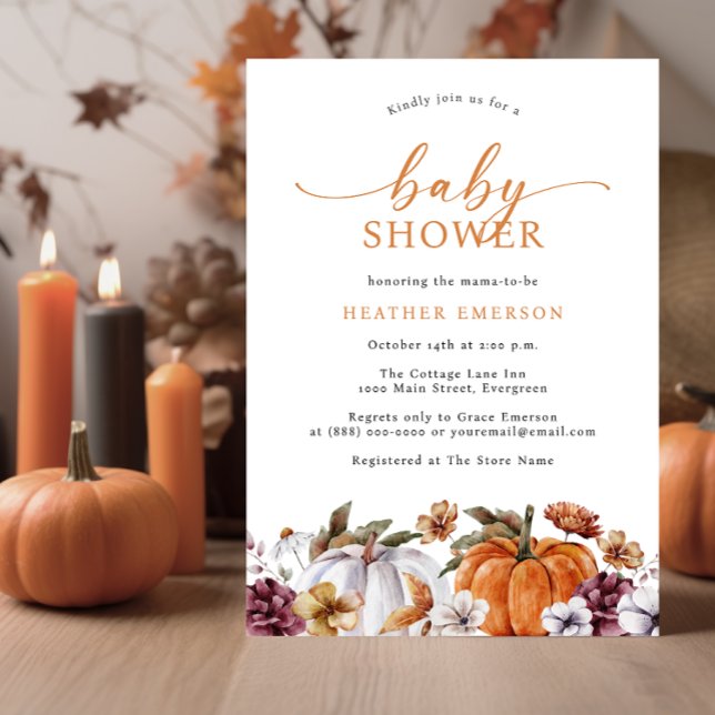 Invitation Baby shower d'automne Orange (Fall Burnt Orange Baby Shower Invitation Autumn White Pumpkins Watercolor Burgundy Florals)