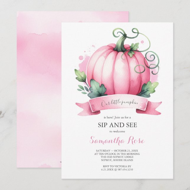 Invitation Baby shower d'automne Petit Citrouille Siroter et  (Devant / Derrière)