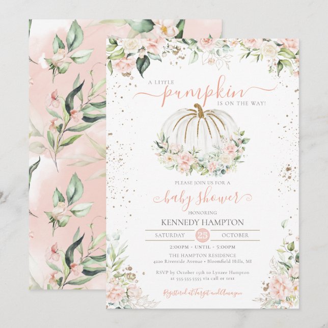 Invitation Baby shower d'automne rose et blanc petit Citrouil (Devant / Derrière)