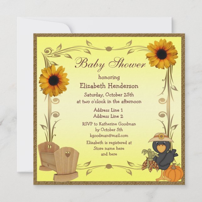 Invitation Baby shower d'automne, tournesols, lit d'enfant et (Devant)