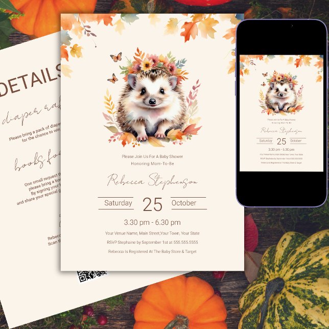 Invitation Baby shower d'automne Woodland Cute Hedgehog Code  (Créateur téléchargé)