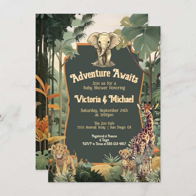 Invitation Baby shower d'aventure Jungle Animaux (Devant / Derrière)