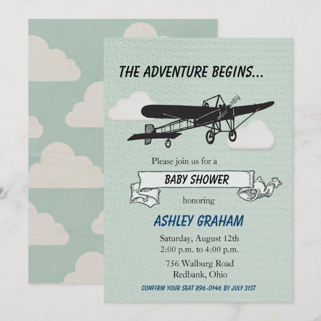Invitation Baby shower d'avion (Devant / Derrière)
