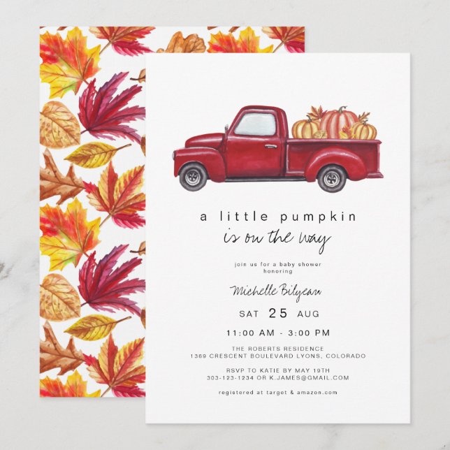 Invitation Baby shower d'Citrouille d'automne du camion rouge (Devant / Derrière)