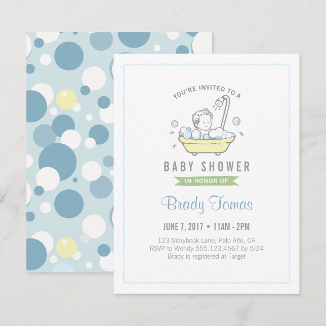 Invitation Baby shower de bain Bubble garçon (Devant / Derrière)