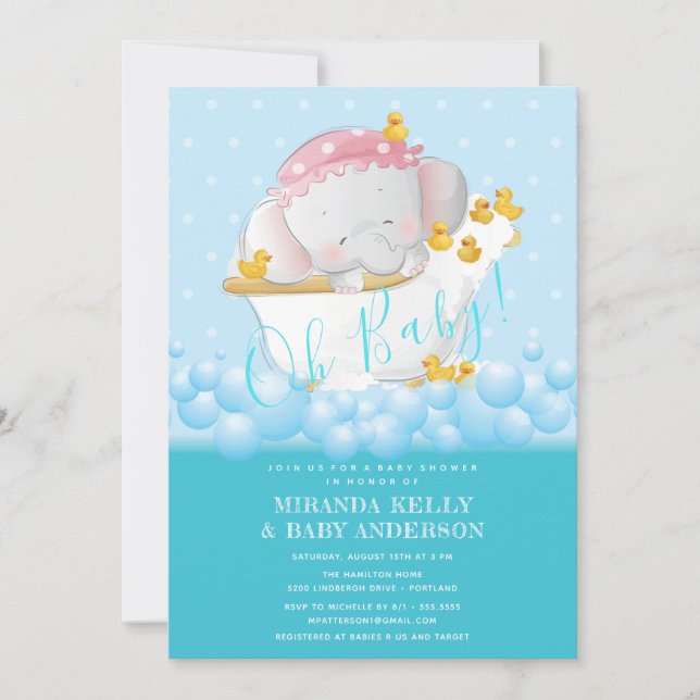 Invitation Baby shower de bain Eléphant mignon (Devant)