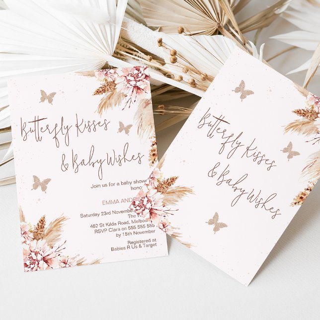 Invitation Baby shower de baisers floraux Boho rose (
Editable Boho Floral Butterfly Kisses and Baby Wishes Baby Shower Invitation, Bohemian Butterfly
)