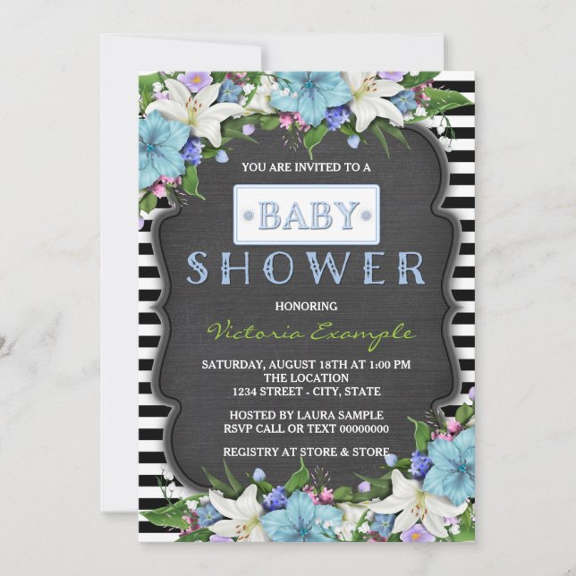 Invitation Baby shower de balaie pour garçons en bande noire (Devant)