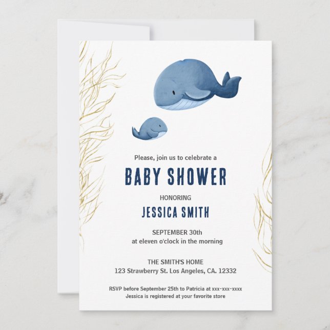 Invitation Baby shower de baleine bleue (Devant)