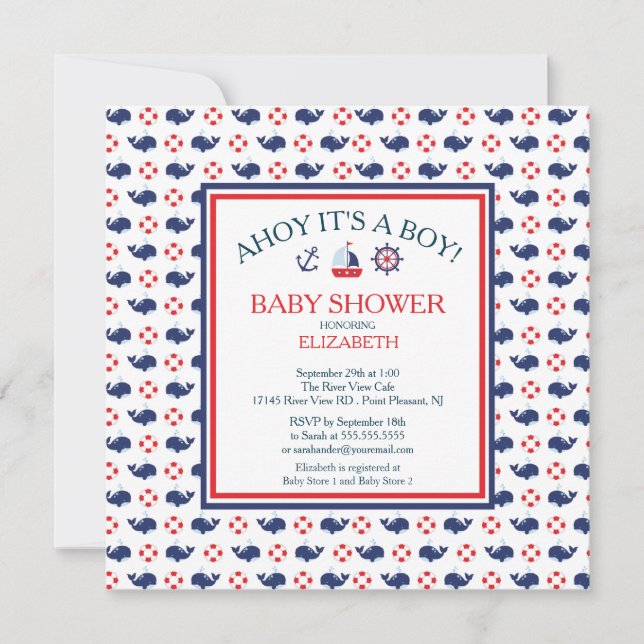 Invitation Baby shower de baleine nautique (Devant)