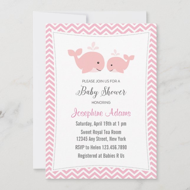 Invitation Baby shower de baleine rose (Devant)