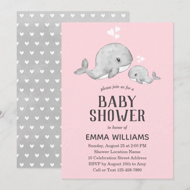 Invitation Baby shower de baleine rose mignonne -  (Devant / Derrière)