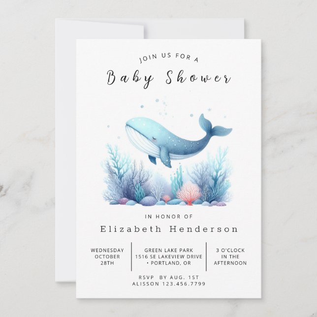 Invitation Baby shower de baleines à imprimer élégant (Devant)