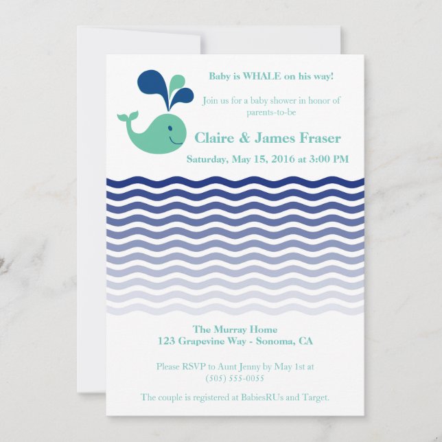 Invitation Baby shower de baleines bleues et vertes (Devant)