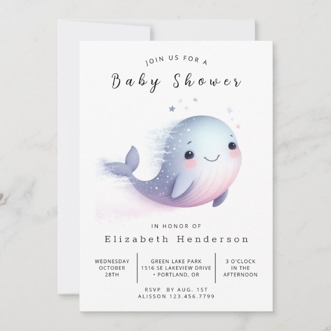 Invitation Baby shower de baleines modifiable de Boho (Devant)