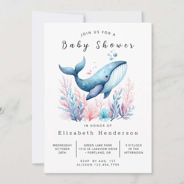 Invitation Baby shower de baleines modifiable et neutre selon (Devant)