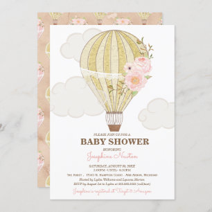 Invitation Baby shower de ballon à air chaud or et rose