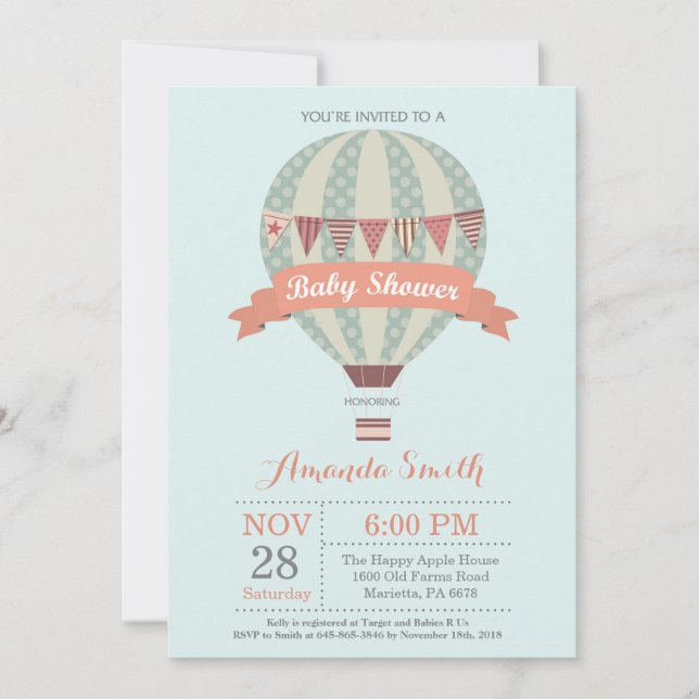 Invitation Baby shower de ballon à air chaud rose (Devant)