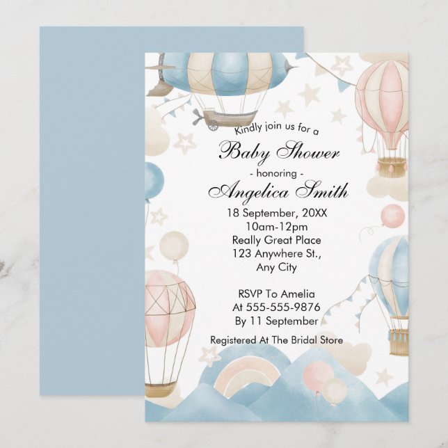 Invitation Baby shower de ballon à air chaud Watercolor (Devant / Derrière)