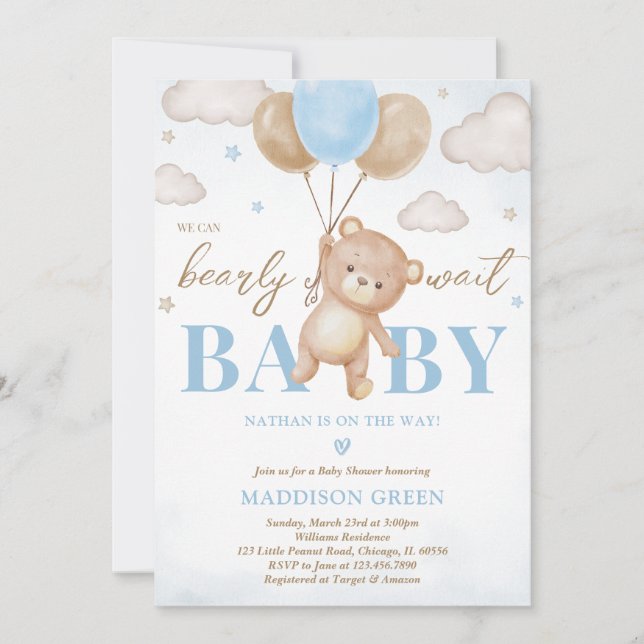 Invitation Baby shower de ballon à ours bleu (Devant)