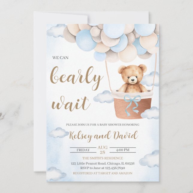 Invitation Baby shower de ballon à ours bleu (Devant)