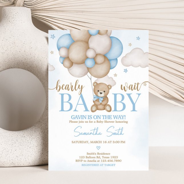 Invitation Baby shower de ballon à ours bleu (Teddy Bear Balloon Baby Shower Invitation)