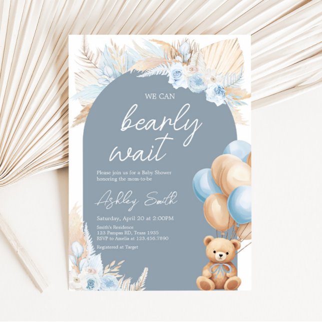 Invitation Baby shower de ballon à ours bleu Boho (Sage Blue Balloons Baby Shower Invitation)