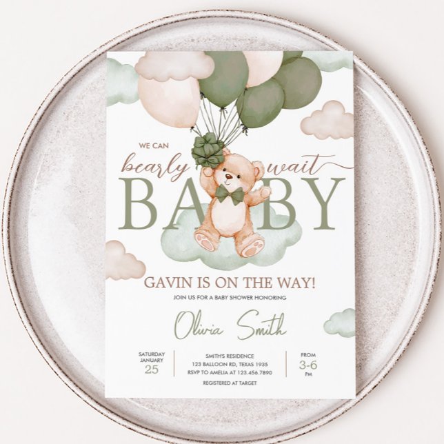 Invitation Baby shower de ballon vert bébé ours (Green Bearly Wait Baby Bear Balloon Baby Shower Invitation
)