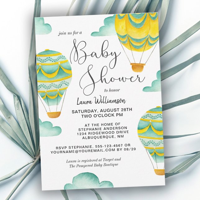 Invitation Baby shower de ballons à air chaud Jaune et Aqua (Créateur téléchargé)