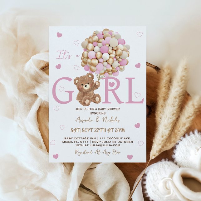 Invitation Baby shower de ballons d'or rose pour fille (Créateur téléchargé)
