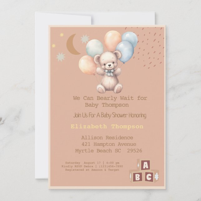 Invitation Baby shower de ballons d'ours en peluche mignon Bo (Devant)