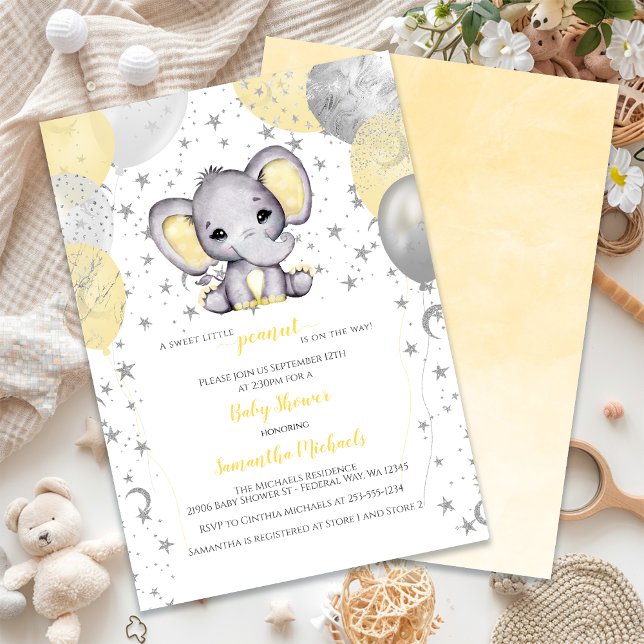 Invitation Baby shower de Ballons Jaunes Eléphants mignons (Cute Elephant Yellow Balloons Baby Shower Invitation)