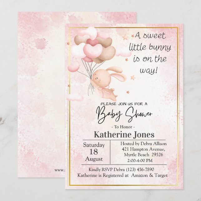 Invitation Baby shower de ballons lapin en aquarelle rose (Devant / Derrière)