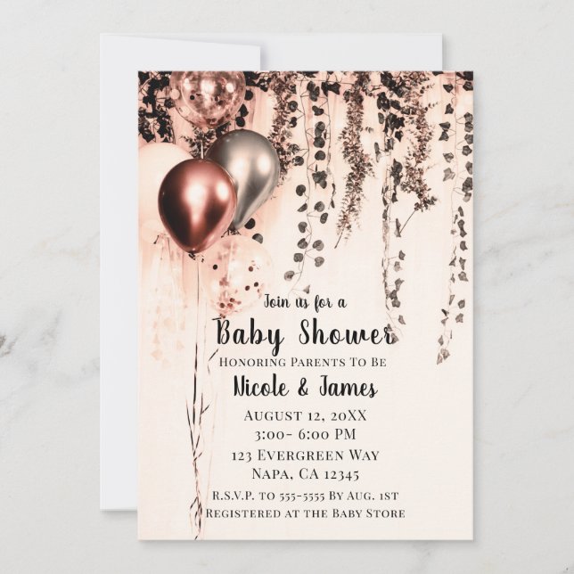 Invitation Baby shower de ballons métalliques rose Rose Gold  (Devant)