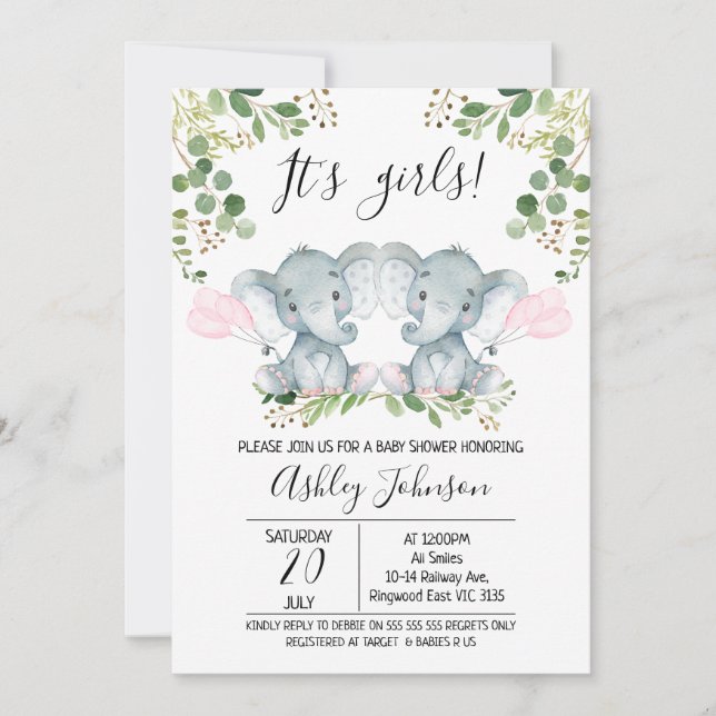 Invitation Baby shower de ballons pour filles jumelles élépha (Devant)