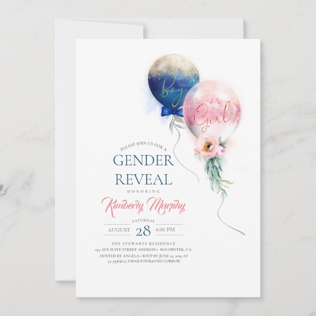 Invitation Baby shower de ballons rose et bleu pour la révéla (Devant)