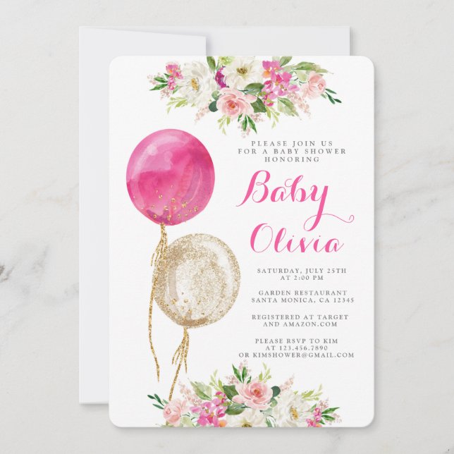 Invitation baby shower de ballons roses à chaud (Devant)