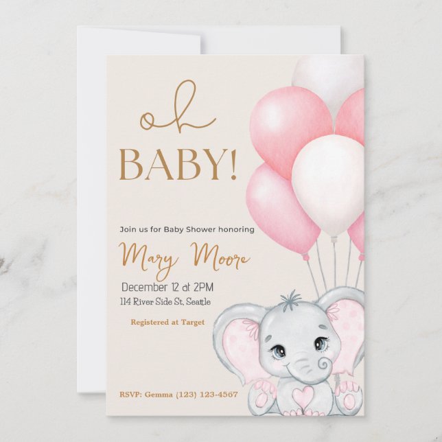 Invitation Baby shower de ballons roses d'éléphant d'ivoire (Devant)