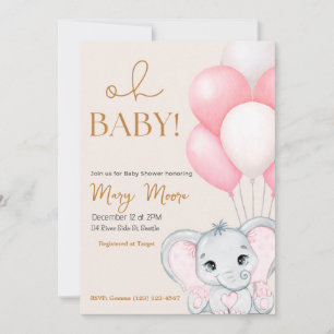 Invitation Baby shower de ballons roses d'éléphant d'ivoire