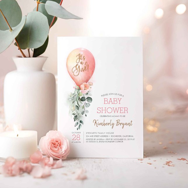 Invitation Baby shower de balloon rose fleuri (It's a Girl! - Pink Balloon Baby Shower Invitations)