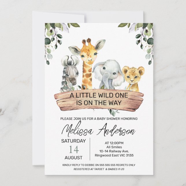 Invitation Baby shower de bannières en bois Safari neutre pou (Devant)