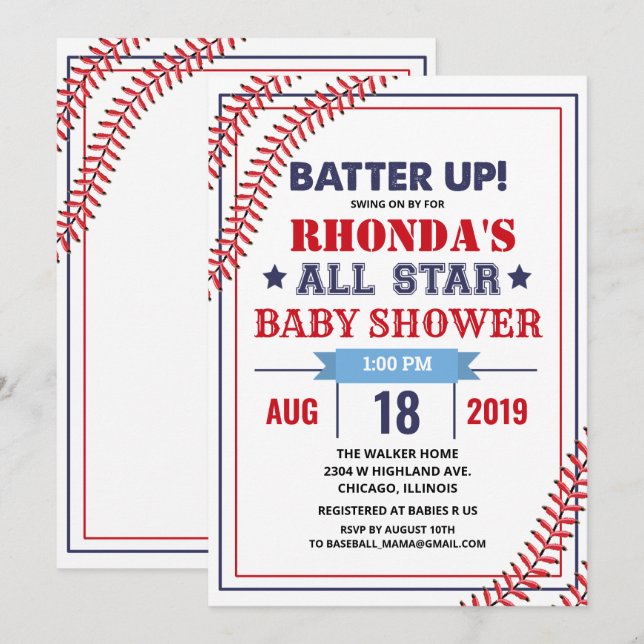 Invitation Baby shower de base-ball (Devant / Derrière)