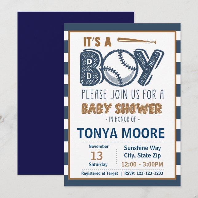 Invitation Baby shower de base-ball à rayures bleues Invitati (Devant / Derrière)