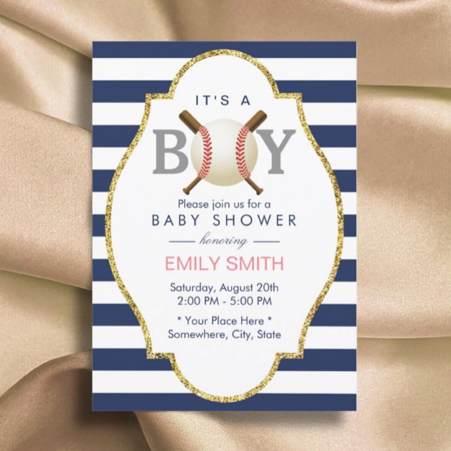 Invitation Baby shower de baseball à thème Boy Navy Blue Stri (Créateur téléchargé)
