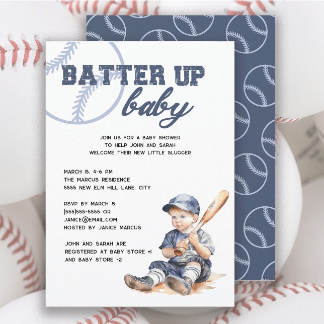 Invitation Baby shower de baseball bleu blanc ("Batter Up Baby" baseball baby shower invitation)